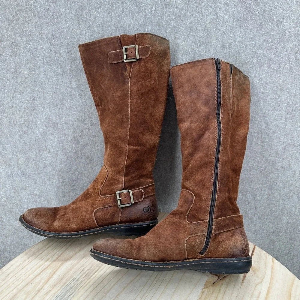 Born Joly Tall Suede Boots Womens 9.5 Brown Double Buckle Strap Knee High Zip
